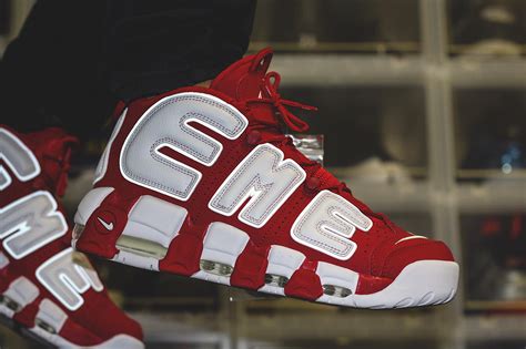 replica supreme x nike air more uptempo red|nike air supreme red shoes.